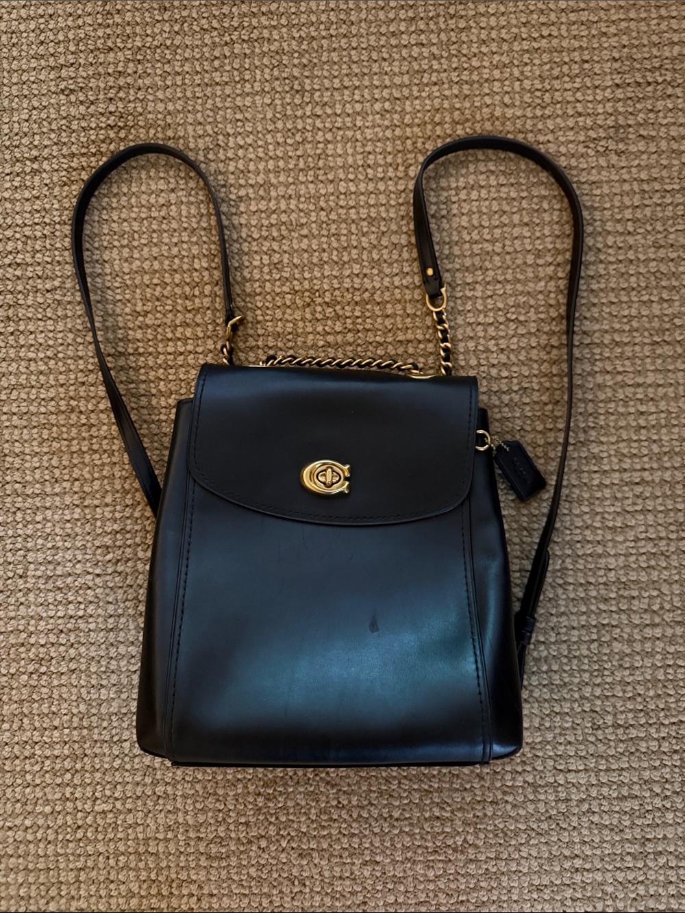 Coach Black Leather Backpack with Gold-Tone Turnlock